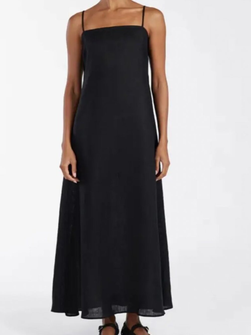 Dissh 100% Linen Dress Black Maxi Long Tent Square Neck Straps Flowy Chic US 10